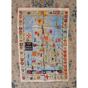 Vintage Mid Century Irish Linen Souvenir Tea Towel - Map of‎ Royal Britain